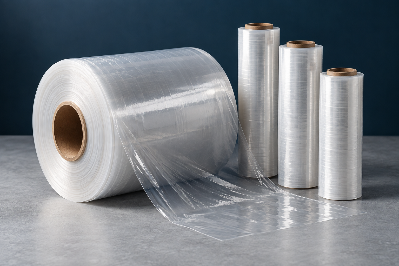 Illustrative arrangement of clear industrial film rolls with cardboard cores